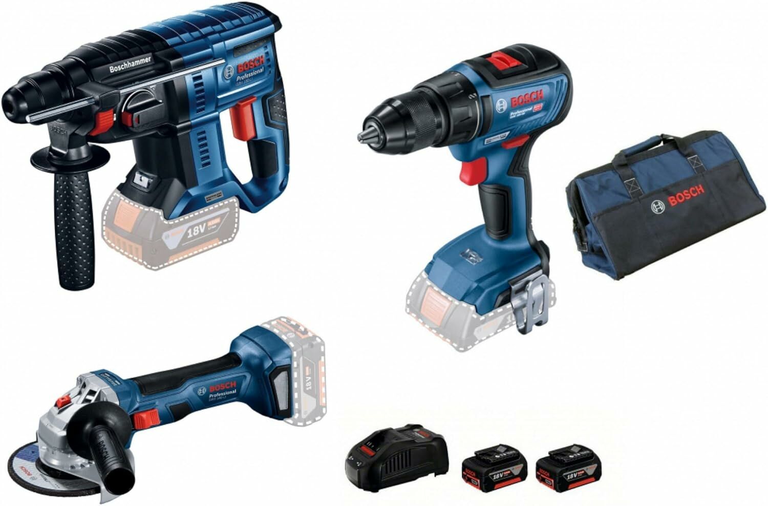 Bosch GSR 18V-50 + GBH 180 + GWS 180 2 x GBA 18V 3'Lü Set 5.0AH 18V - 0615990M32