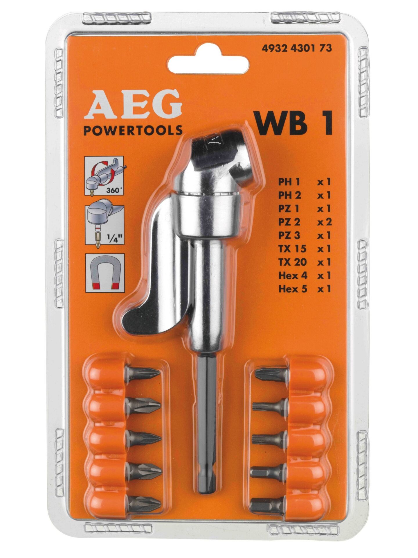 AEG WB1 Vidalama Köşe Adaptöru + 10 Parça Uç Seti - 4932430174