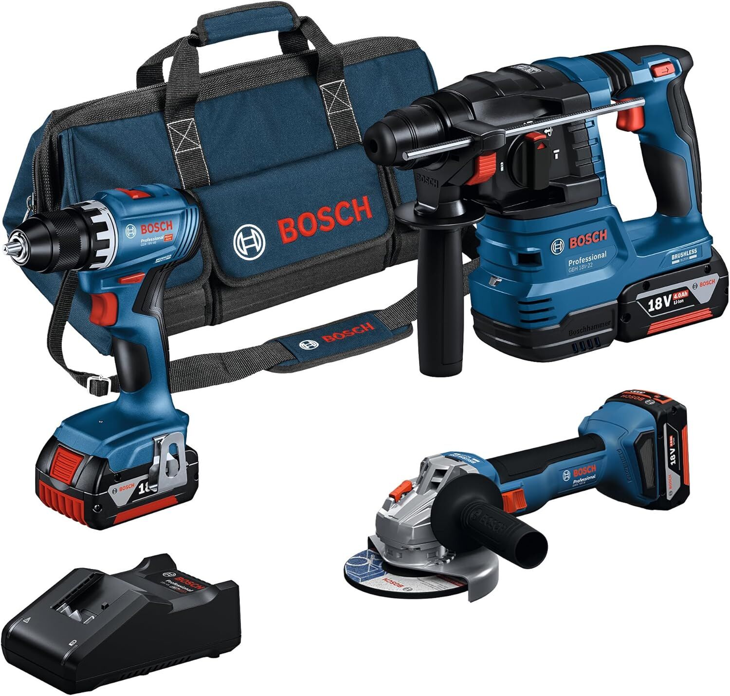 Bosch Professional GSR 18V-45 + GBH 18V-22 + GWS 18V-8 + 3 x GBA 18V 4.0 Ah Akülü Kombo Kit  - 0615A5007L
