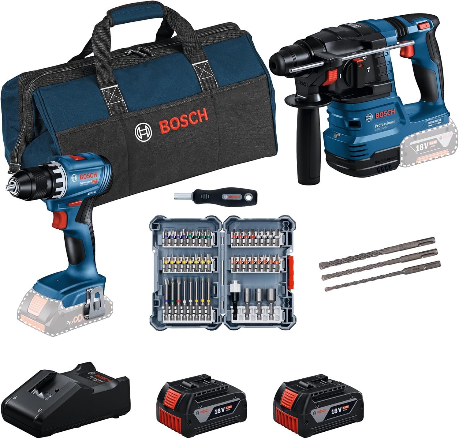 Bosch GSB 18V-45 Akülü Vidalama + GBH18V-22 Kırıcı Delici 2x4 Ah Akülü Kombo Set - 0615V0003D