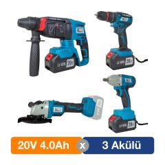 Catpower 1380 Kömürsüz 20V 4.0Ah 3 Akülü 4’lü Set - Kırıcı Delici - Avuç Taşlama - Darbeli Vidalama - Somun Sıkma