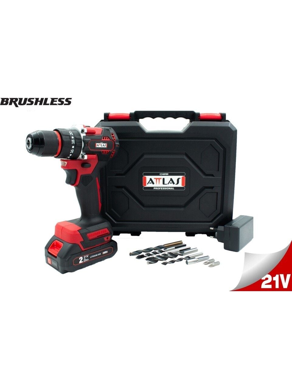 Attlas Atb 21 BLPD-201C 21V 2.0AH Tek Akülü Kömürsüz Darbeli Matkap L-Boxx Çantalı + 8 Parça Uç Seti